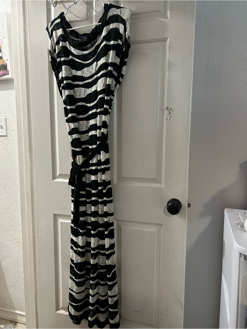 Vertigo Paris Black & White Striped Maxi Dress with Waist Tie